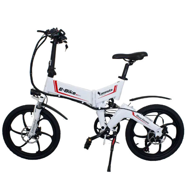 Commute 2 emovement commute folding ebike in white with dual suspension side view
