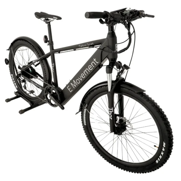 An electrifying black e-bike named Thor equipped with high-performance Maxxis tires, exuding sleekness and efficiency, perfect for agile and illuminated rides.