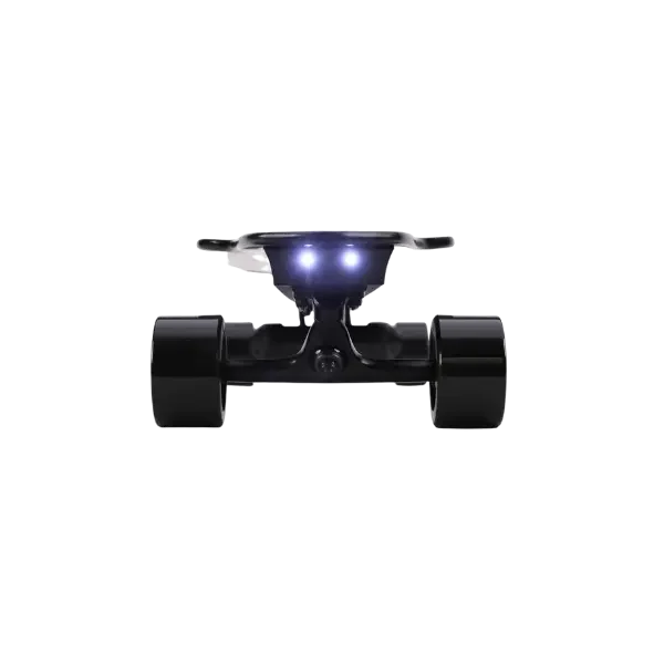 Viper electric longboard, remote controlled, grey scaled and matte black with green font saying "viper" front light