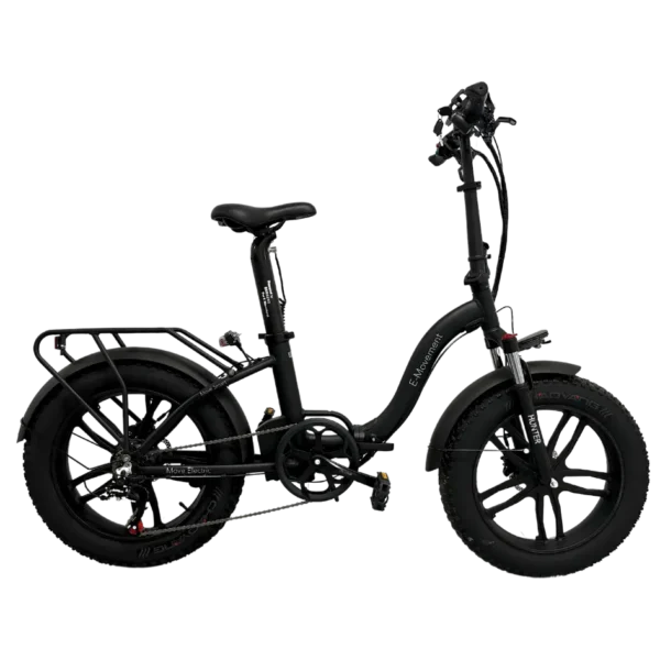 Hunter extreme: A black step-through electric bike with a low frame, fat tyres and rear rack in black
