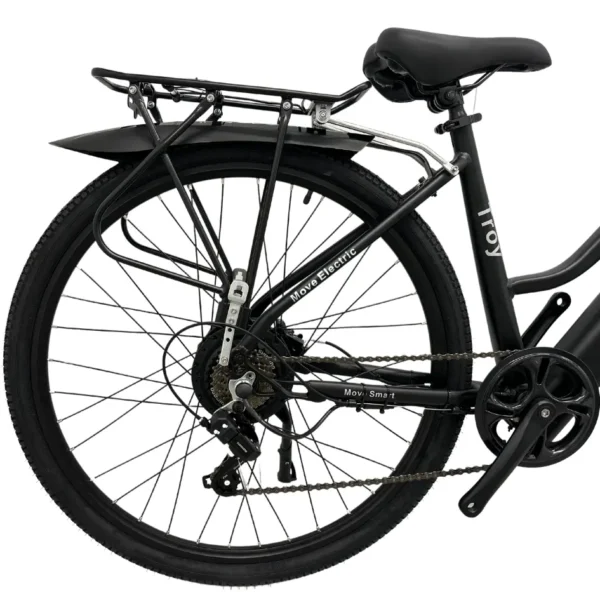 Troy Pro 3 emovement troy pro ebike in black - closeup of back tyre, seat and fender
