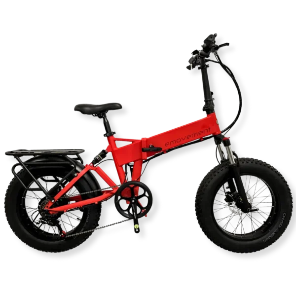 Panther in Blaze is a beautiful fire engine red ebike by emovement with dual suspension, a rear rack and fat tyres