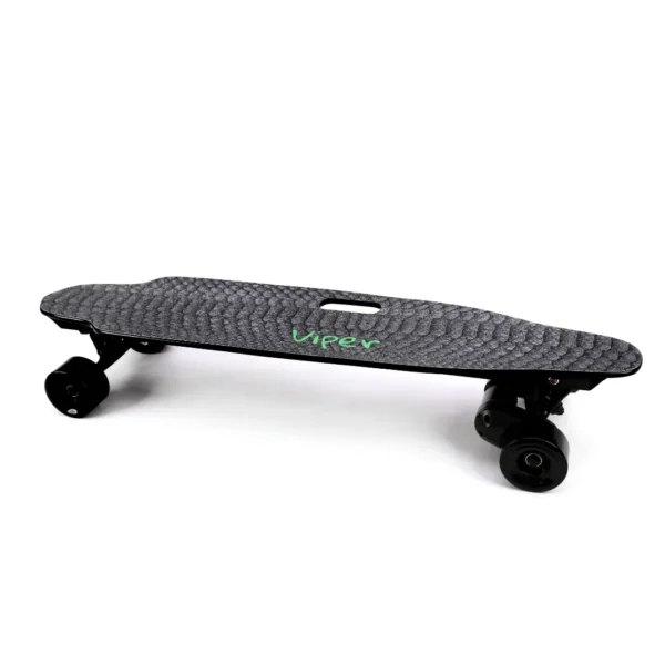 Viper Viper electric longboard, remote controlled, grey scaled and matte black with green font saying "viper"