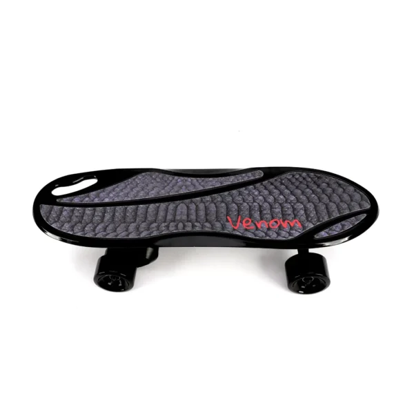 Venom electric skateboard, remote controlled, grey scaled and matte black with red font saying "venom"