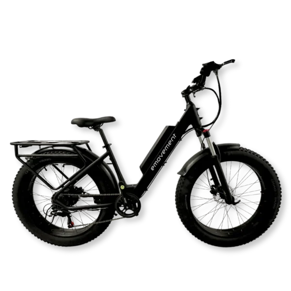 Aries by emovement: cblack fat tyre, step through frame ebike with a rear rack