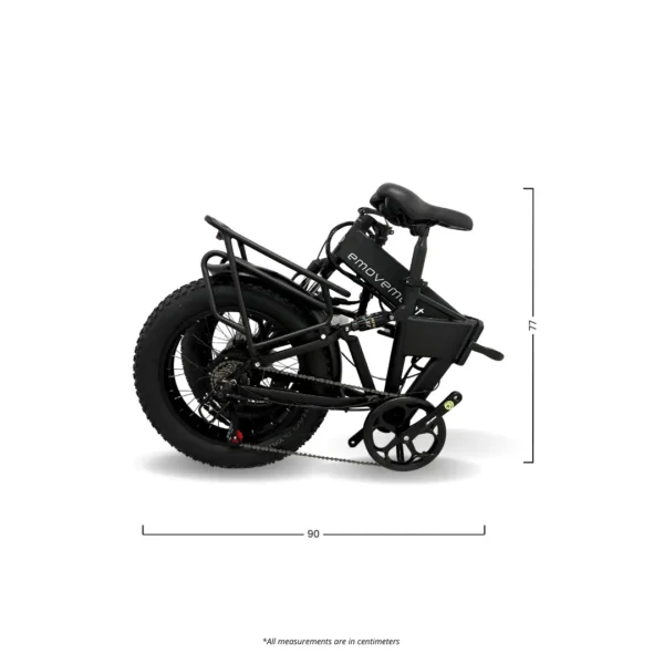 5 Panther black folding ebike image showing how the bike folds and what the dimensions of the ebike are when it is folded